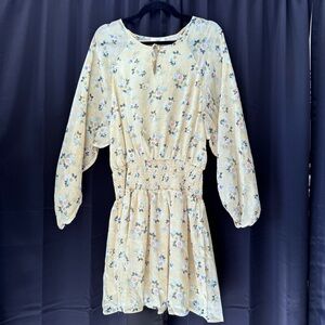 Easel Floral Tie-Neck Dress in Tan and Blue